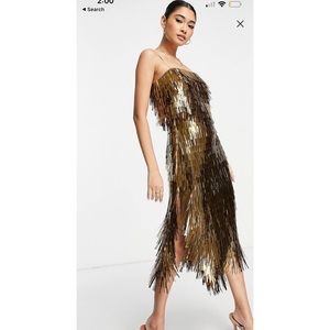 ASOS DESIGN shard detail midi dress with sheer waist detail in gold